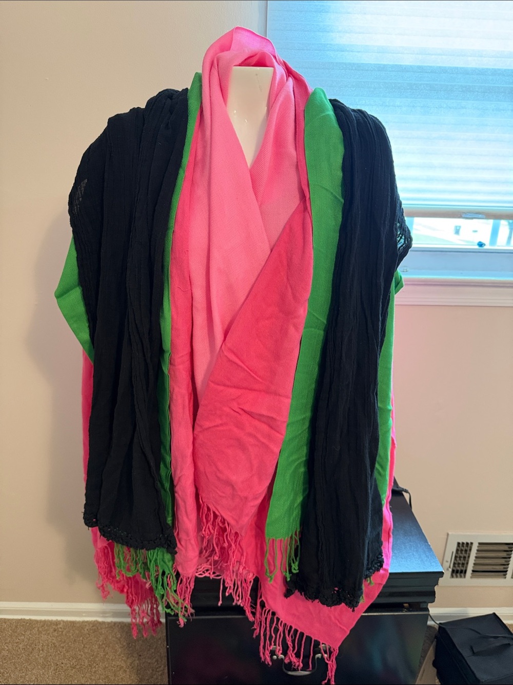 Lot of 4 wraps Pink, Green & Black Layered Fringe Wrap Scarves